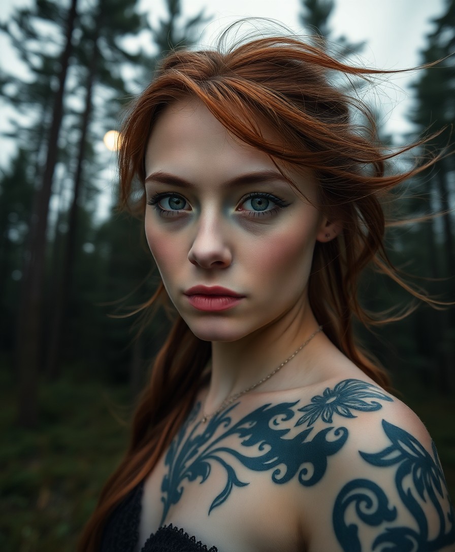 AI generated art for prompt: A DSLR captures a portrait of an enigmatic Slavic woman with piercing green eyes and intricate tatto