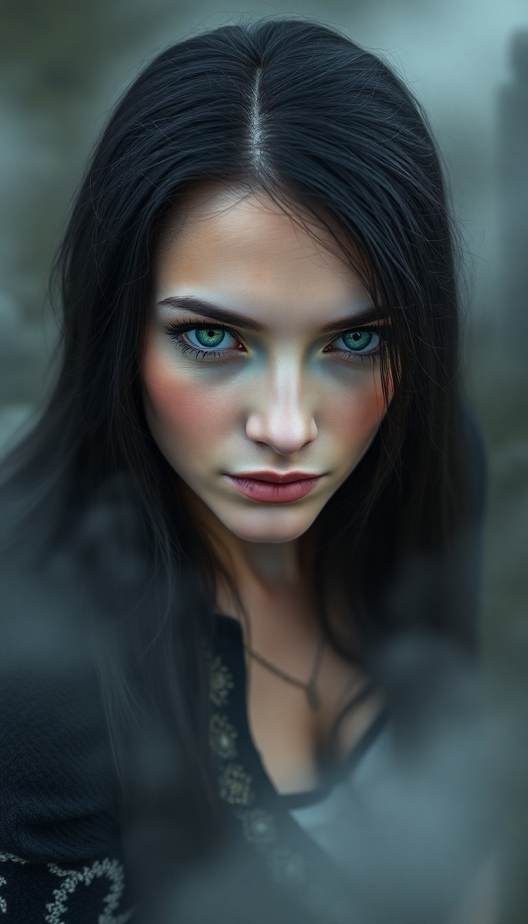 AI generated art for prompt: Depict a hyperrealistic portrait of an enigmatic Nordic woman with piercing emerald eyes and raven-h