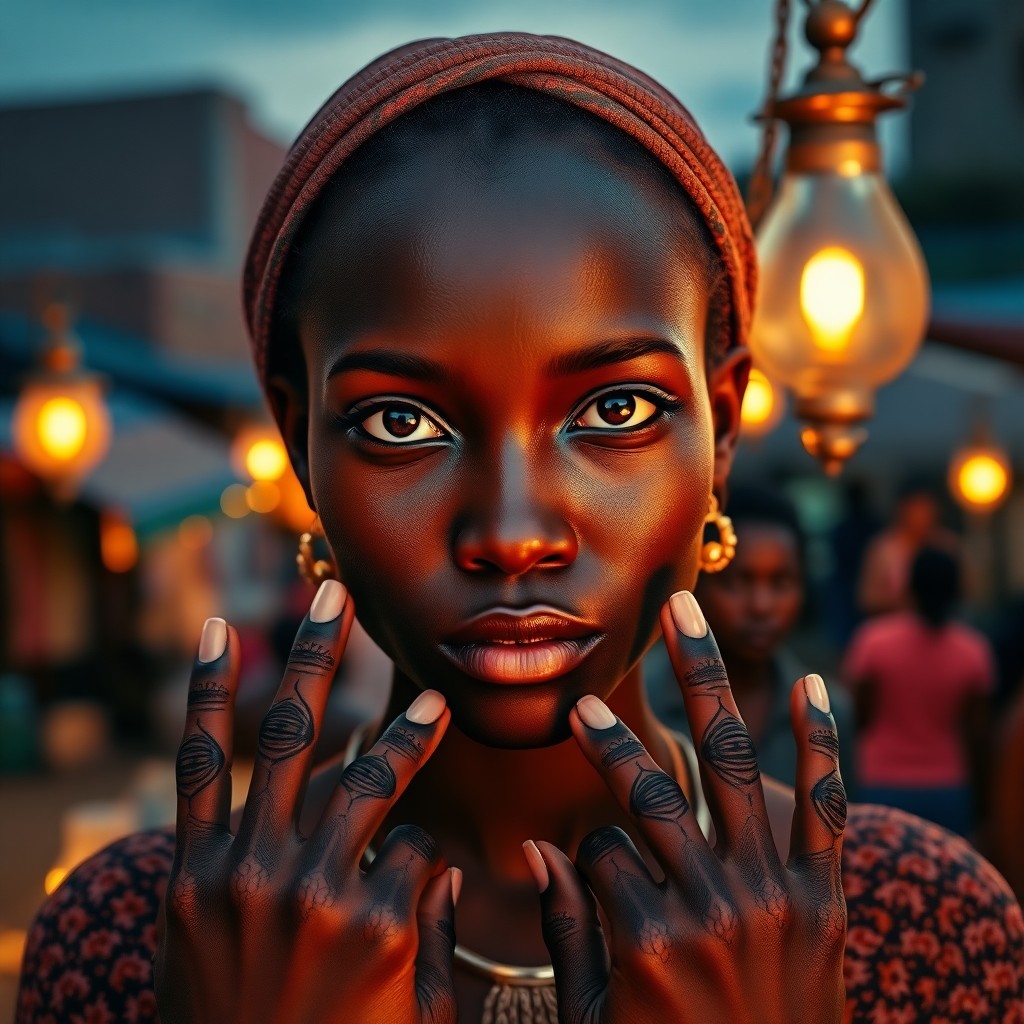 AI generated art for prompt: Craft a photorealistic portrait of an enigmatic African woman with almond-shaped eyes and smooth coc