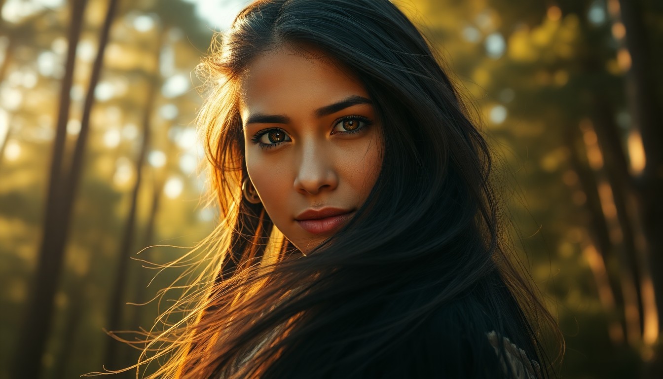 AI generated art for prompt: Craft a photorealistic portrait of a Native American woman with warm hazel eyes and flowing raven ha