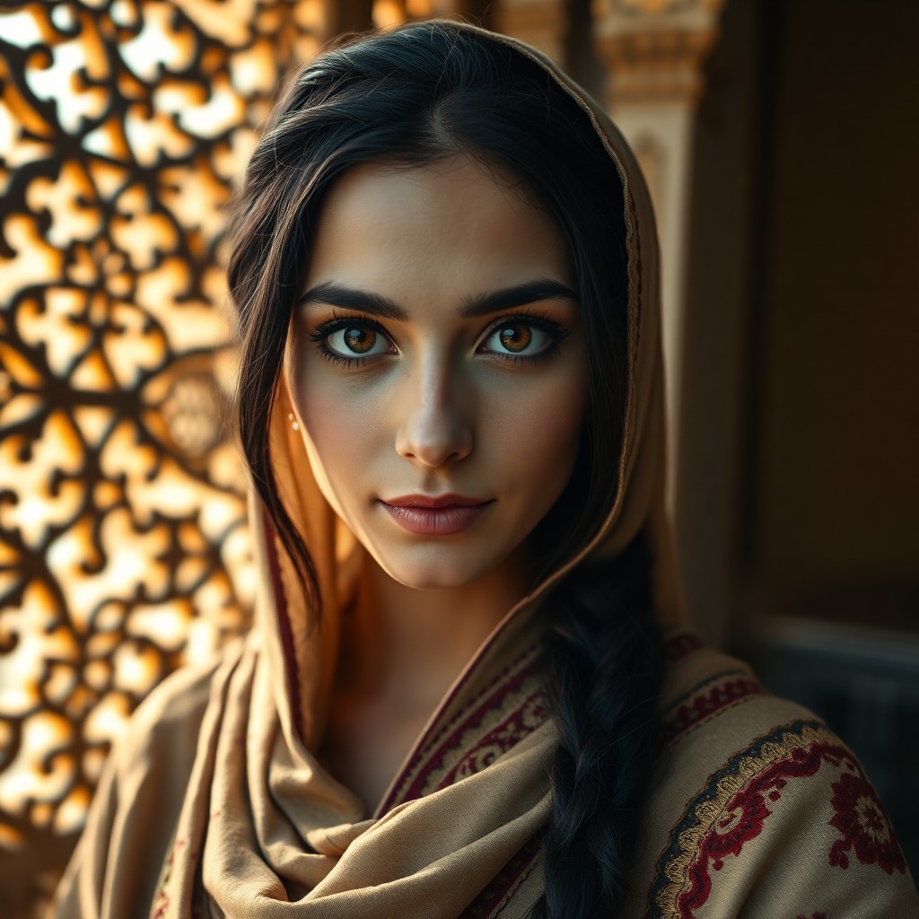 AI generated art for prompt: Craft a portrait photograph showcasing the captivating gaze of a Middle Eastern woman with striking 