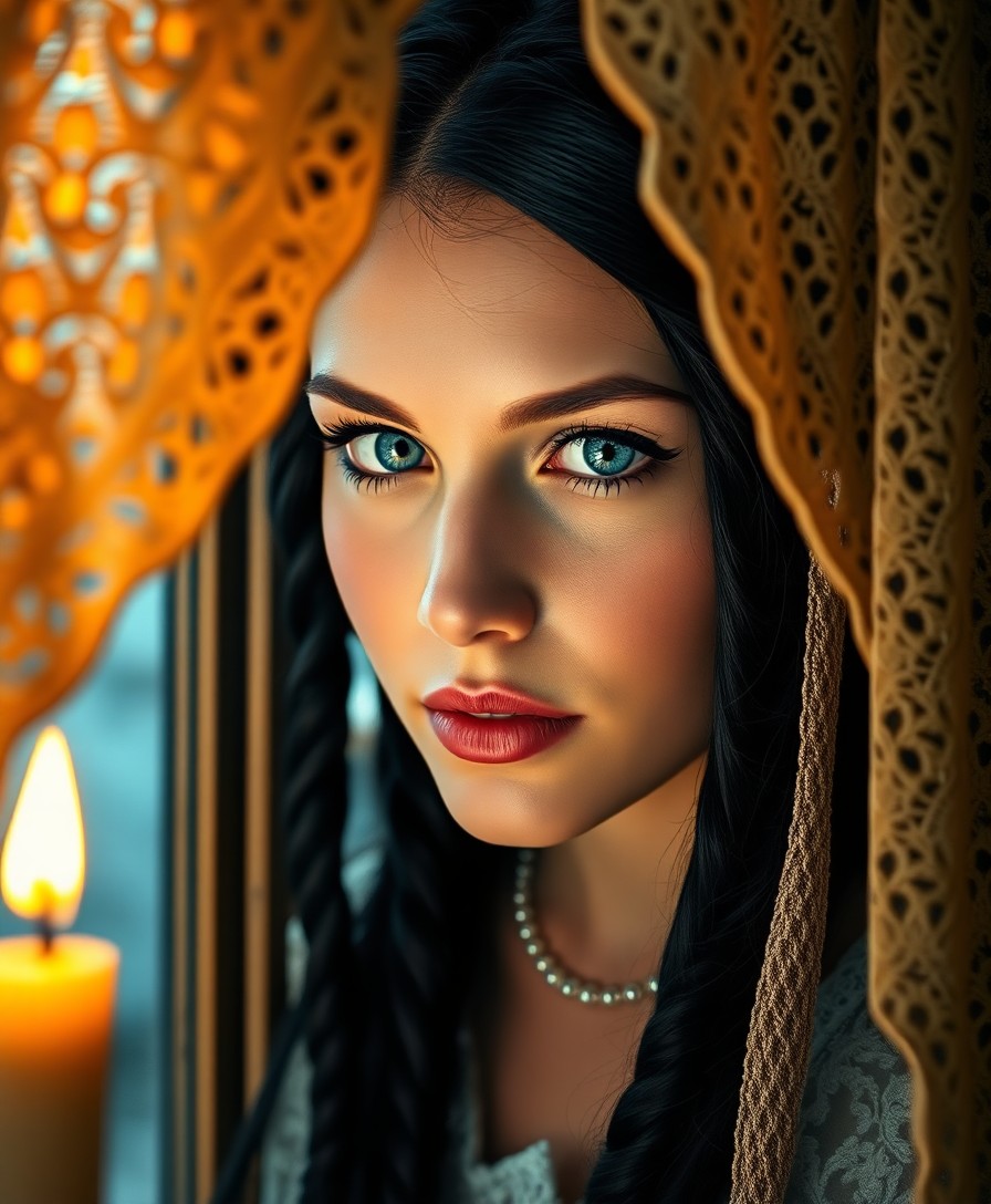 AI generated art for prompt: Hyperrealistically render an Eastern European woman's serene expression with piercing blue eyes and 