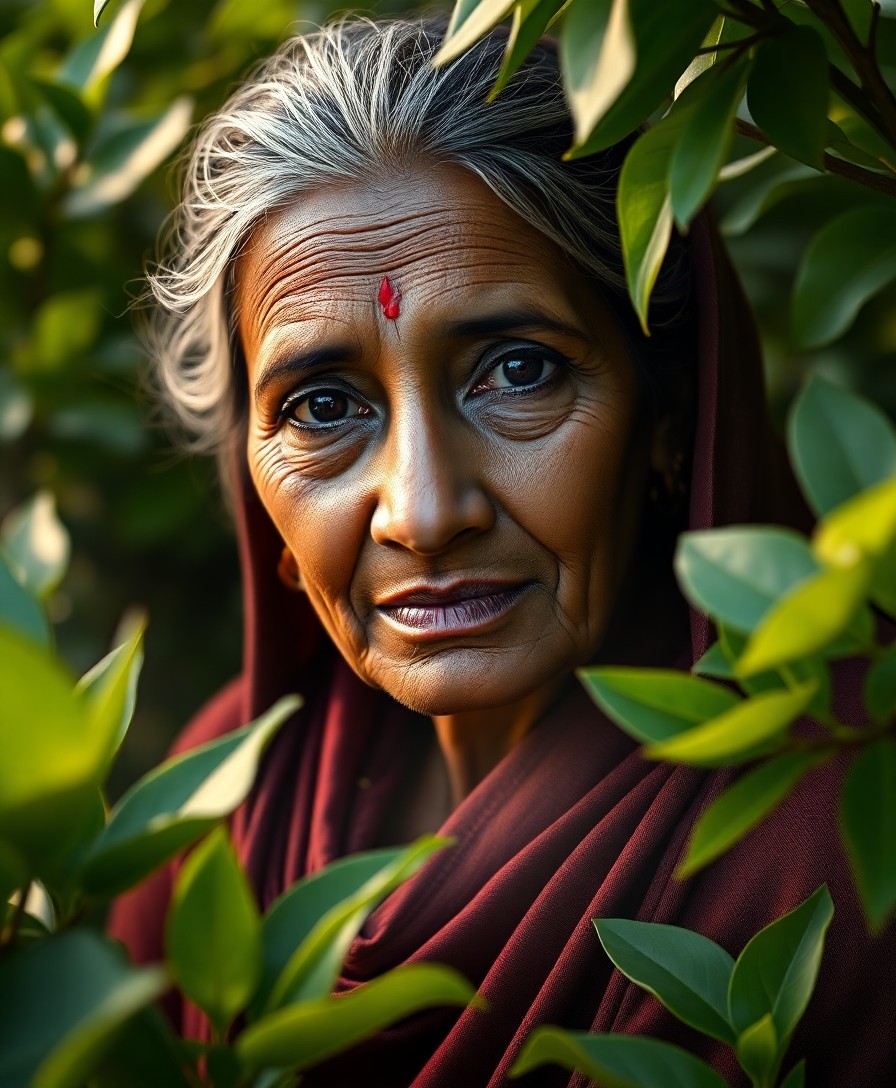 AI generated art for prompt: A photorealistic portrait of a wise South Asian woman amidst a tea plantation's early morning sereni