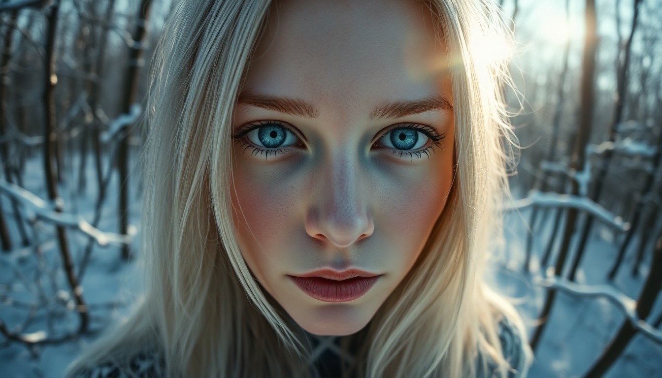 AI generated art for prompt: A Nordic woman's portrait showcases her striking ice-blue eyes and long silver-blonde hair, captured