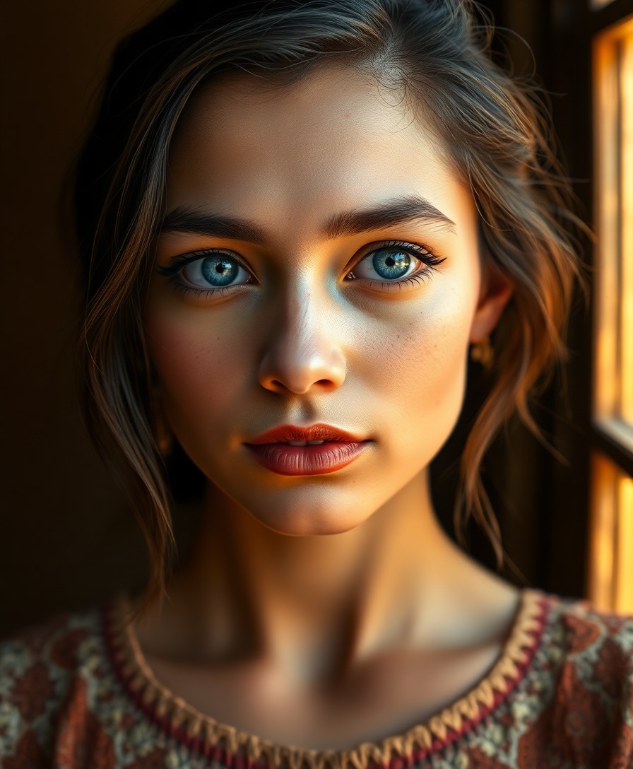 AI generated art for prompt: Envision a photorealistic portrait of a Hispanic woman with captivating ice-blue eyes, her serene ga