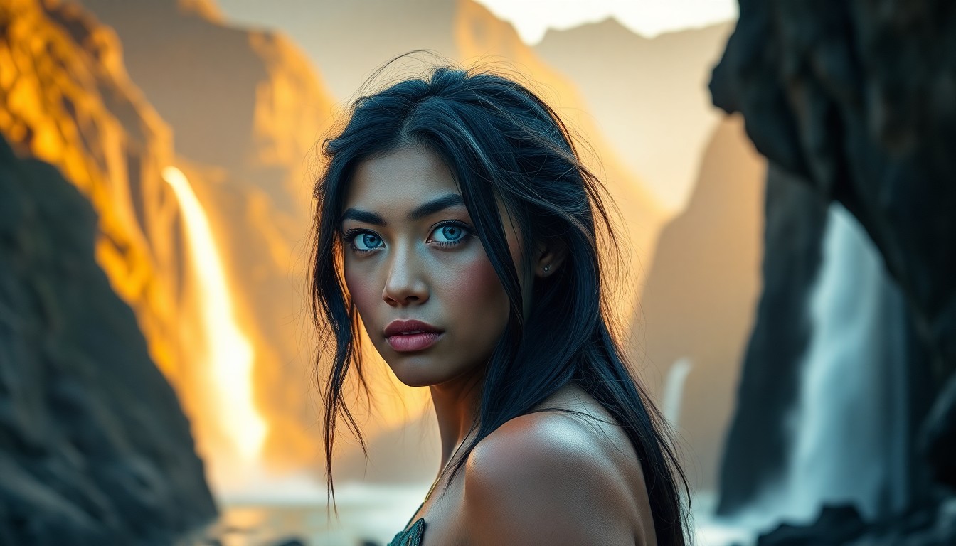 AI generated art for prompt: Craft a photorealistic portrait of a stoic Pacific Islander woman with piercing blue eyes and raven-