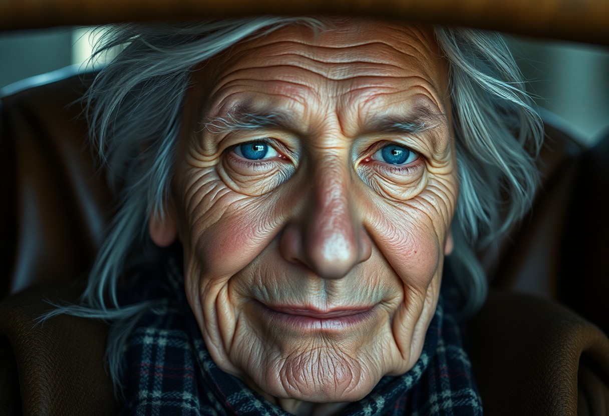 AI generated art for prompt: A photorealistic portrait of a Native American elder with ice-blue eyes and silver hair, captured fr