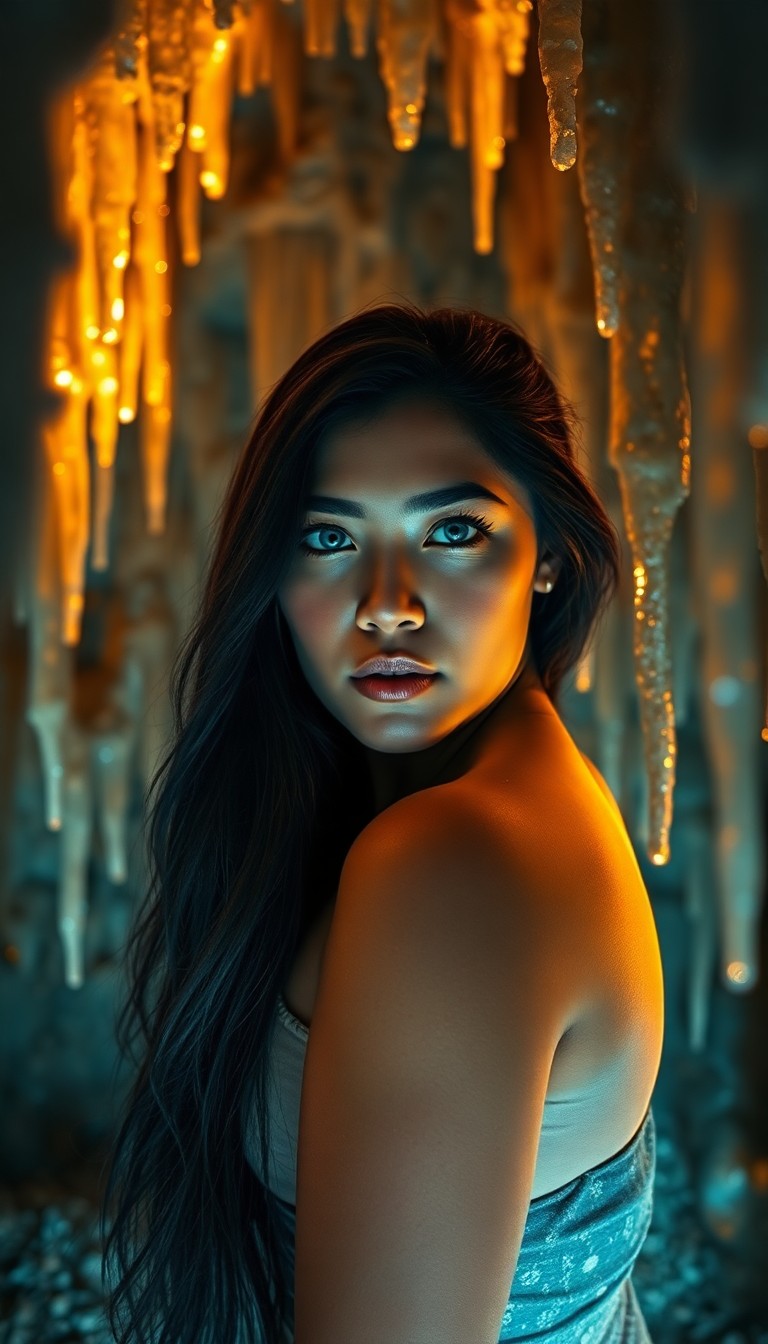 AI generated art for prompt: A captivating portrait photograph reveals a Pacific Islander woman with mesmerizing ice-blue eyes an