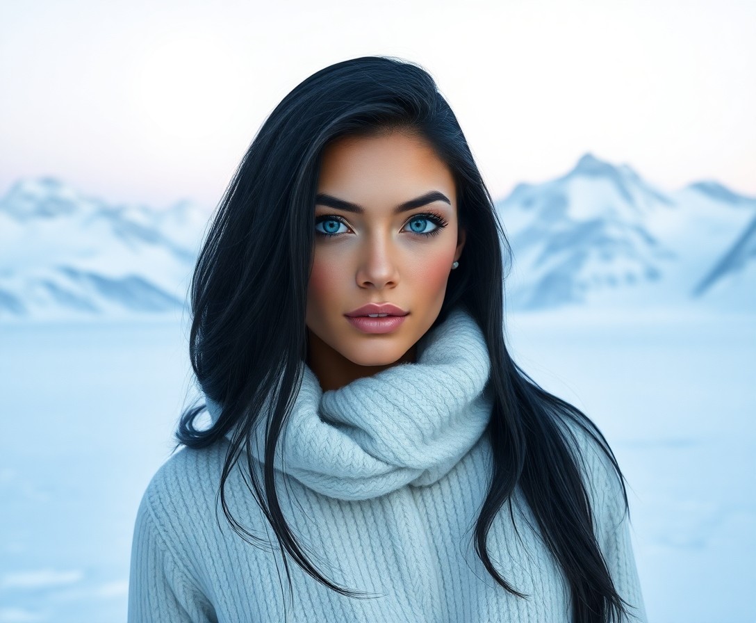 AI generated art for prompt: Create a photorealistic portrait of a Hispanic woman with captivating icy blue eyes and sleek jet-bl