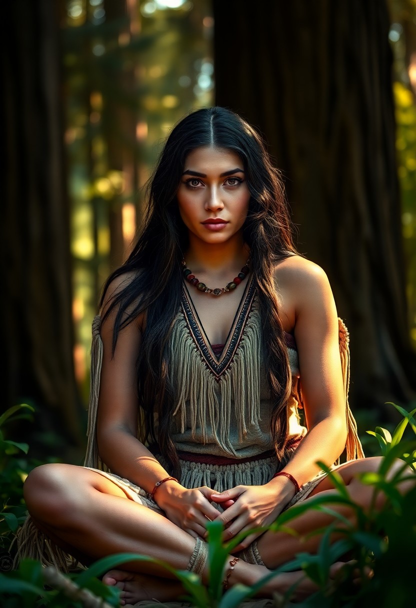 AI generated art for prompt: Step into a captivating photorealistic portrait of a Native American woman, her piercing gaze captur