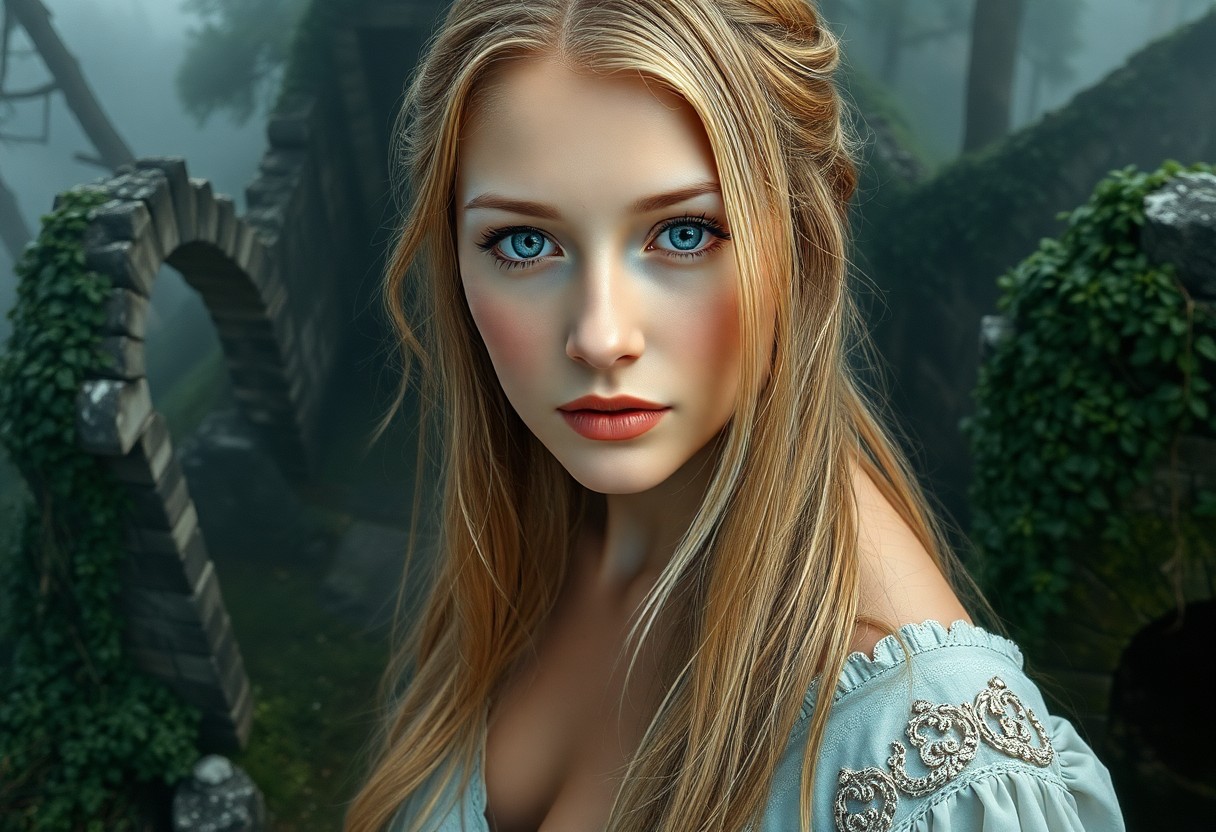 AI generated art for prompt: A hyperrealistic portrait depicts a fair-skinned European woman with captivating ice-blue eyes and l