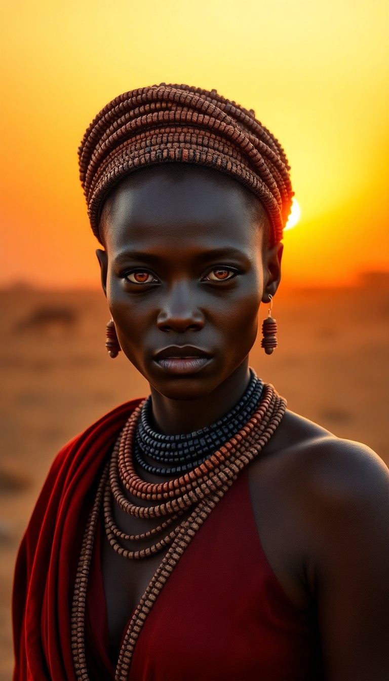 AI generated art for prompt: Craft a photorealistic portrait of an enigmatic African woman with captivating amber eyes and deep, 