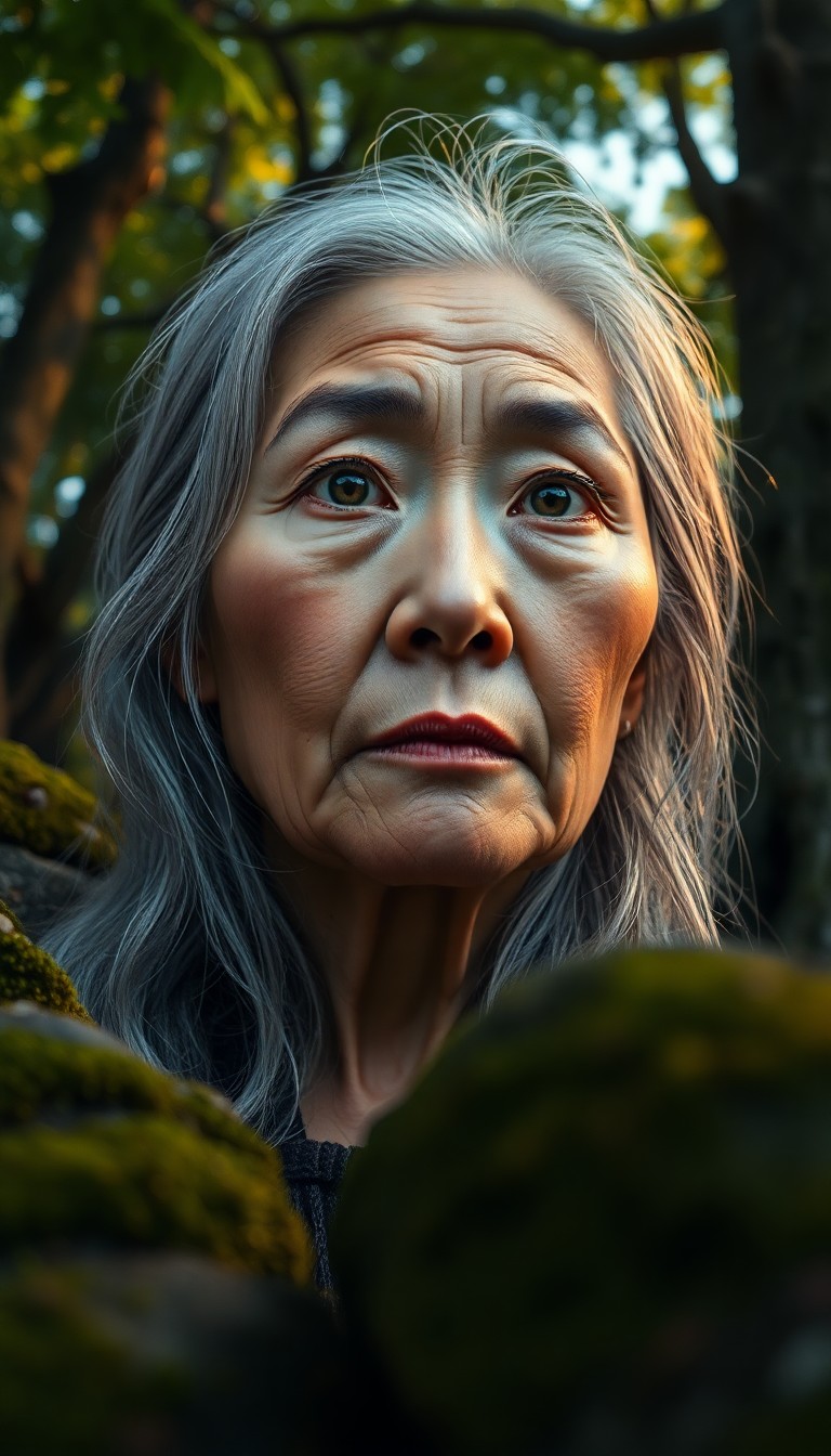 AI generated art for prompt: A hyperrealistic portrait captures an astute East Asian woman with deep green eyes and silver hair c