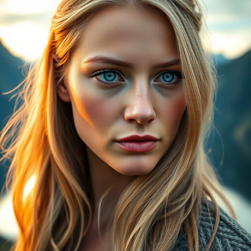 AI generated art for prompt: Imagine a captivating Slavic woman with piercing blue eyes and cascading blonde hair in a photoreali