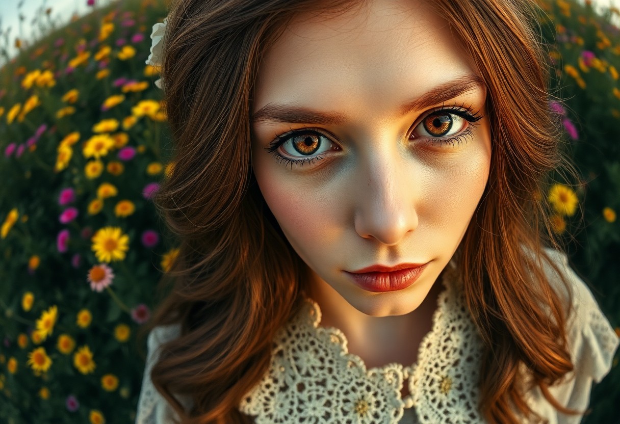 AI generated art for prompt: Craft a photorealistic portrait of an Eastern European woman with warm amber eyes and cascading ches