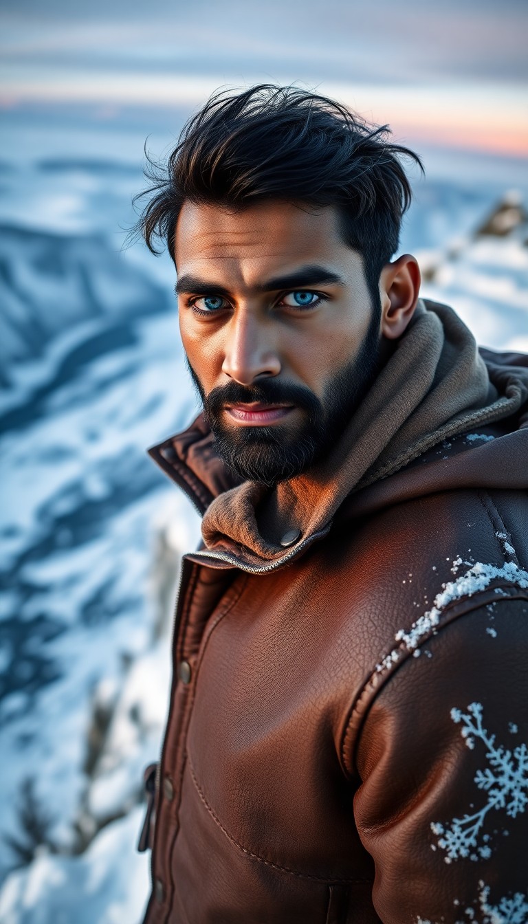 AI generated art for prompt: Imagine a portrait photograph showcasing the intense gaze and rugged features of a South Asian adven