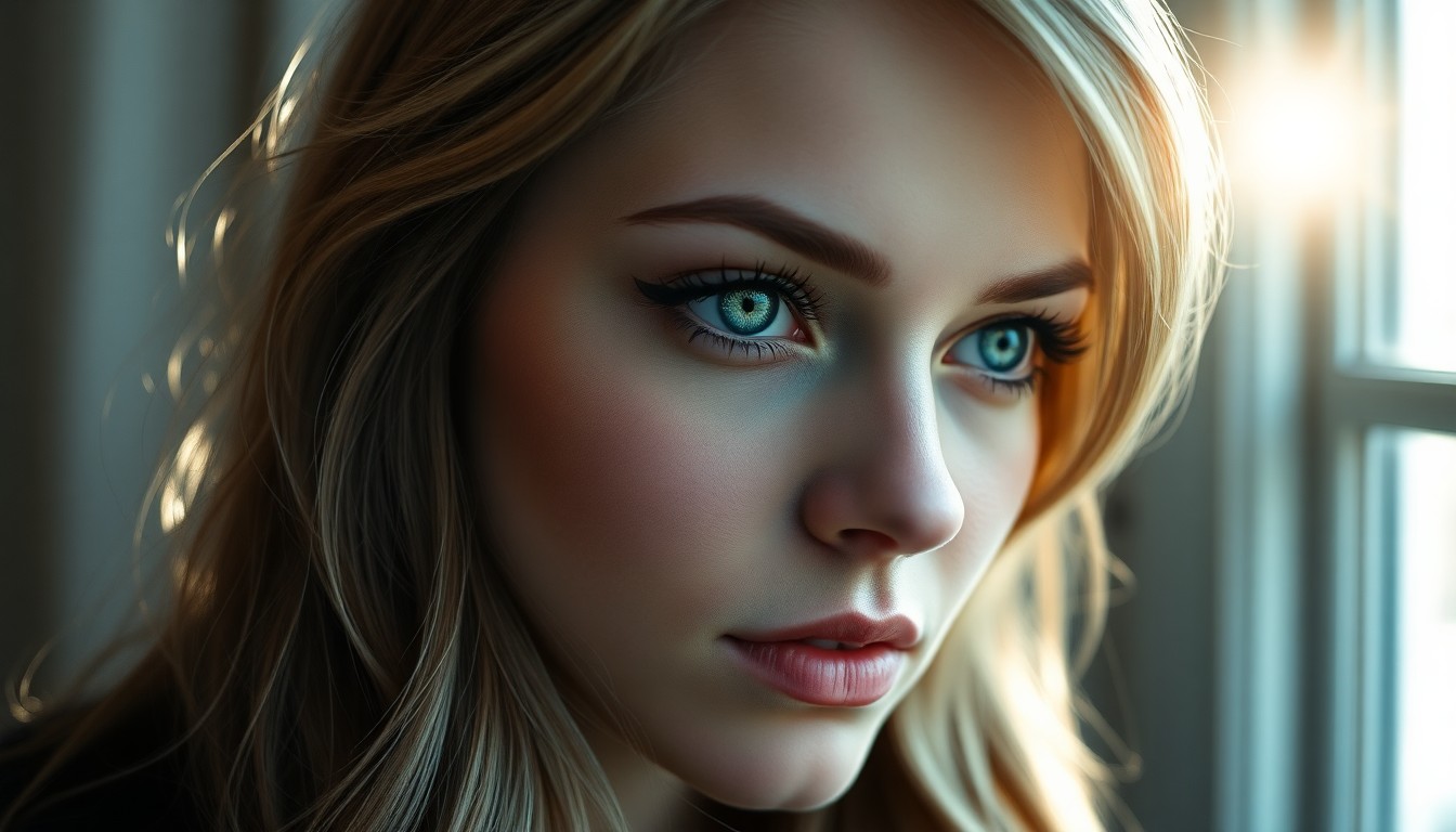 AI generated art for prompt: Craft a hyperrealistic portrait of an enigmatic Nordic woman with captivating emerald eyes, accentua