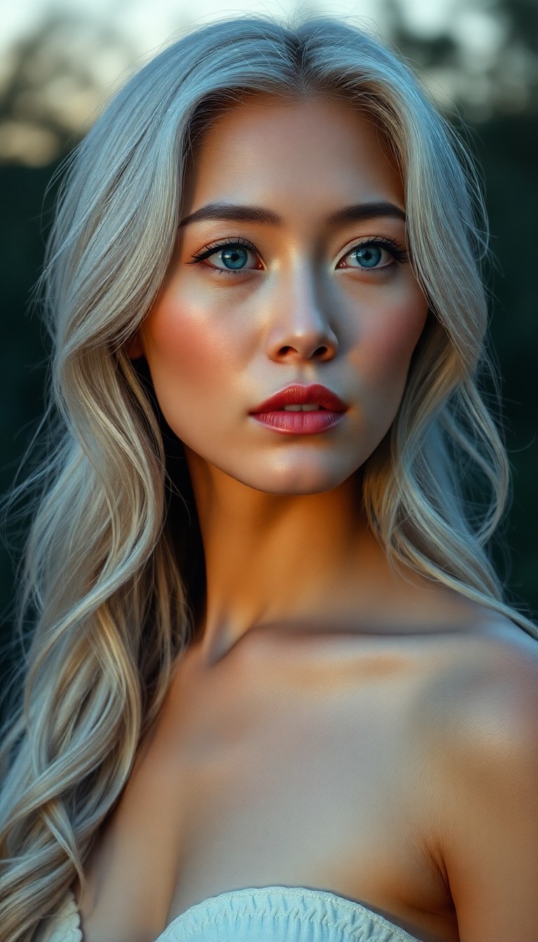 AI generated art for prompt: Imagine a portrait photograph of an East Asian woman in her early 40s with striking blue eyes and lo