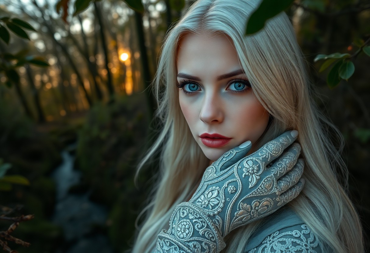 AI generated art for prompt: A photorealistic portrait photograph showcases an ethereal European woman with piercing blue eyes an