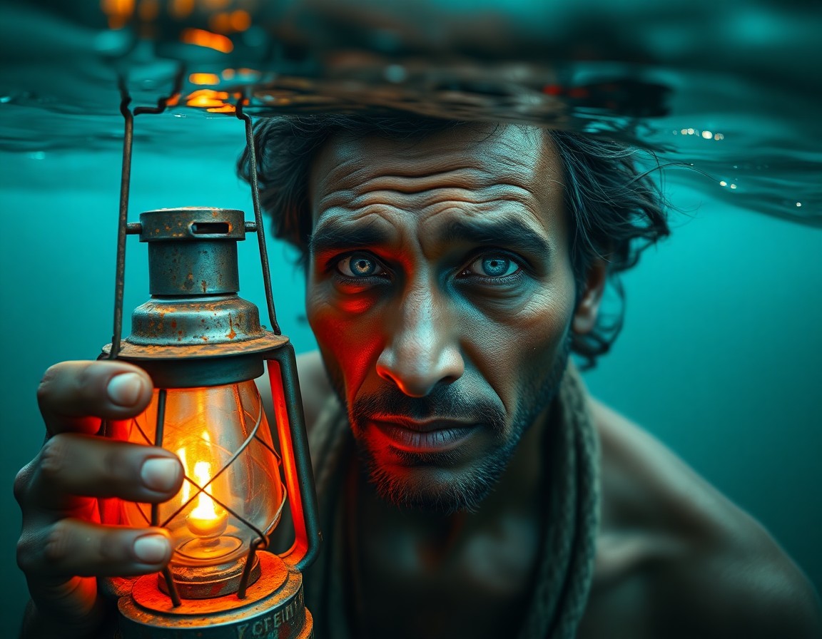 AI generated art for prompt: A captivating South Asian fisherman with striking blue eyes and a weathered visage stands illuminate