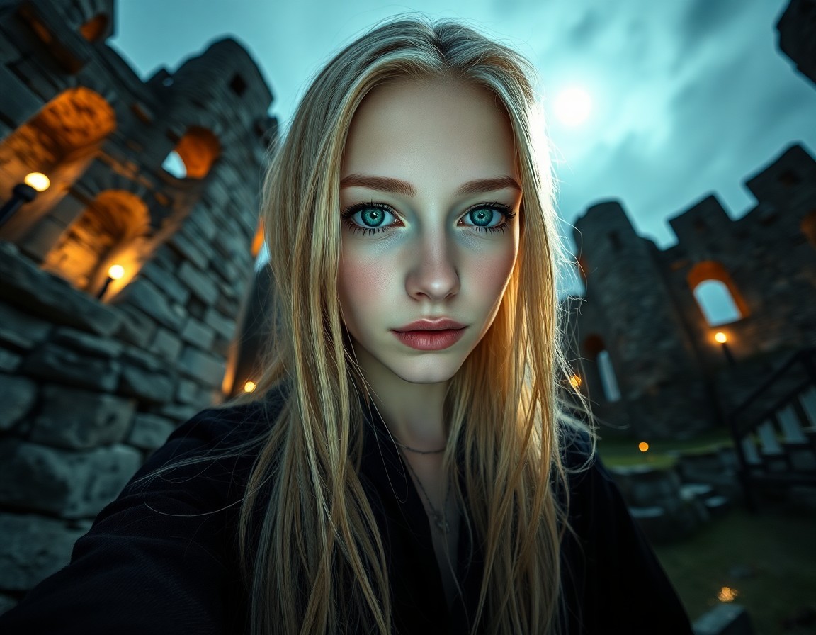 AI generated art for prompt: Imagine a photorealistic portrait, captured from a 'worm's eye view', of an enigmatic Nordic woman w