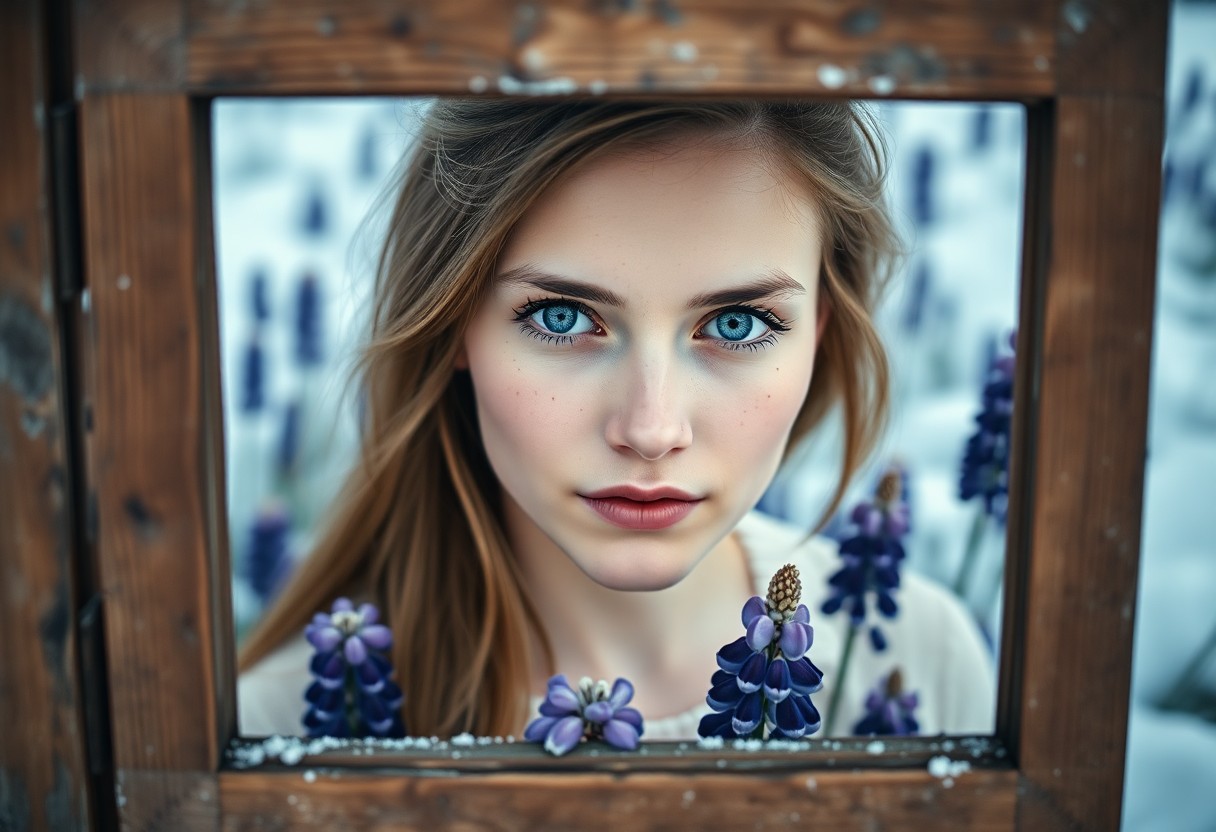 AI generated art for prompt: A portrait photograph captures the essence of a Nordic woman with striking ice-blue eyes and delicat