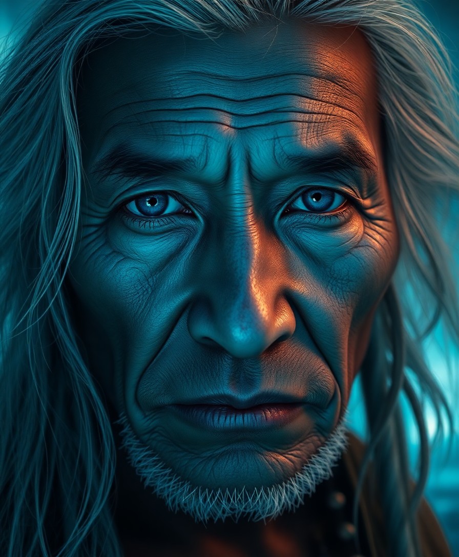 AI generated art for prompt: A portrait photograph captures the enigmatic gaze of an indigenous East Asian elder with piercing bl