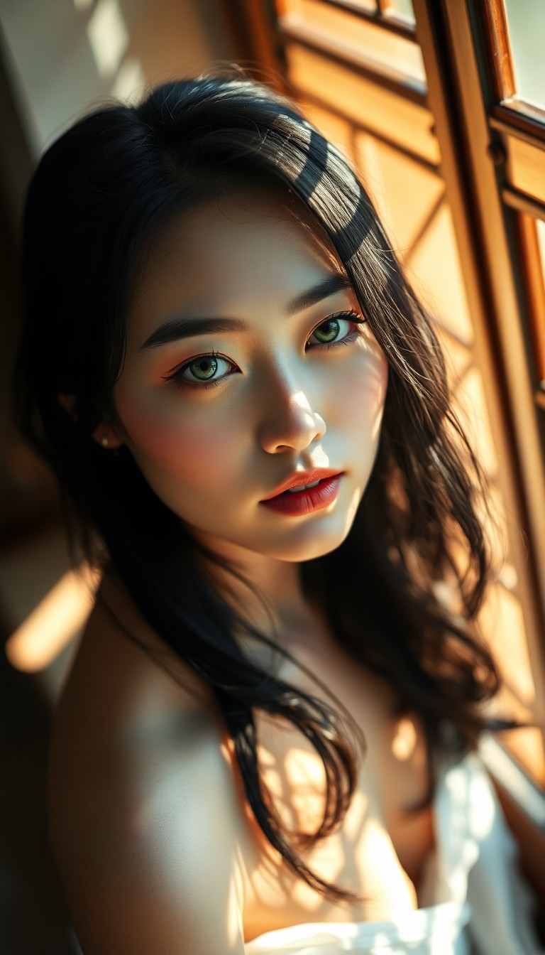 AI generated art for prompt: Envision a super-realistic portrait of an enigmatic East Asian woman with captivating green eyes, se