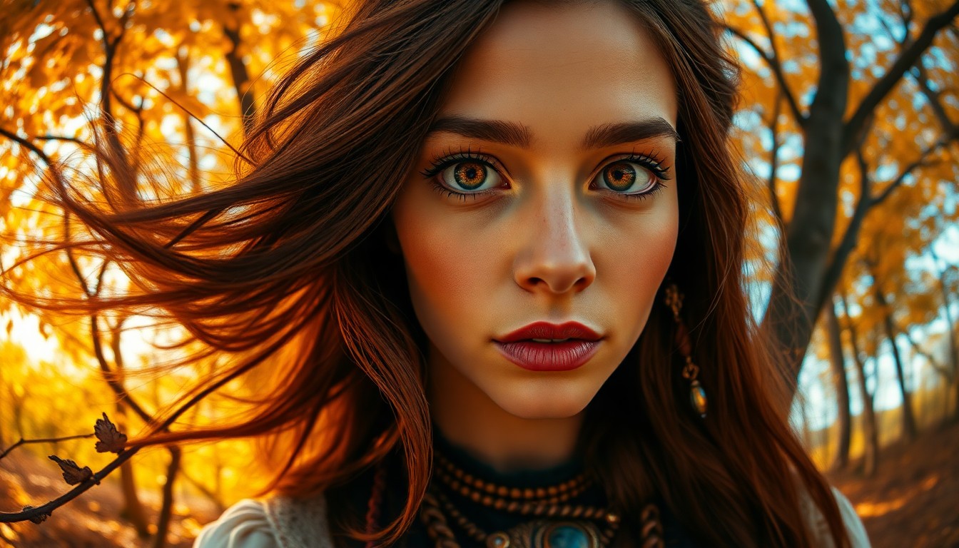 AI generated art for prompt: Create a photorealistic portrait of a mesmerizing European woman with captivating amber eyes and por