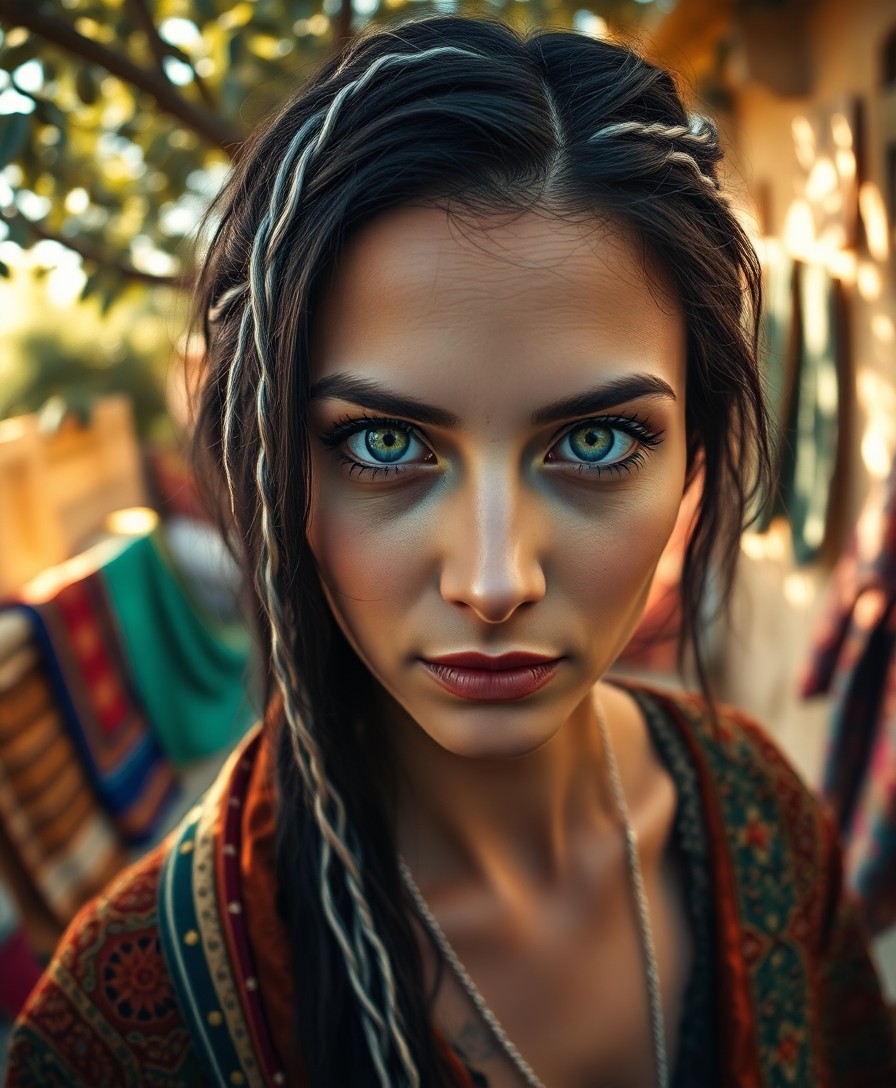 AI generated art for prompt: Create an ultra-realistic portrait of a Middle Eastern woman with an enigmatic gaze, porcelain skin,