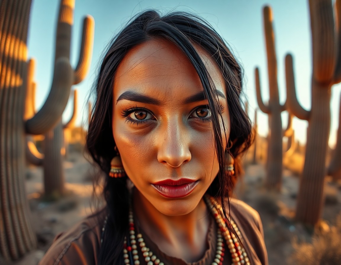 AI generated art for prompt: A photorealistic portrait photo showcases a Native American woman's serene beauty with soft brown ey