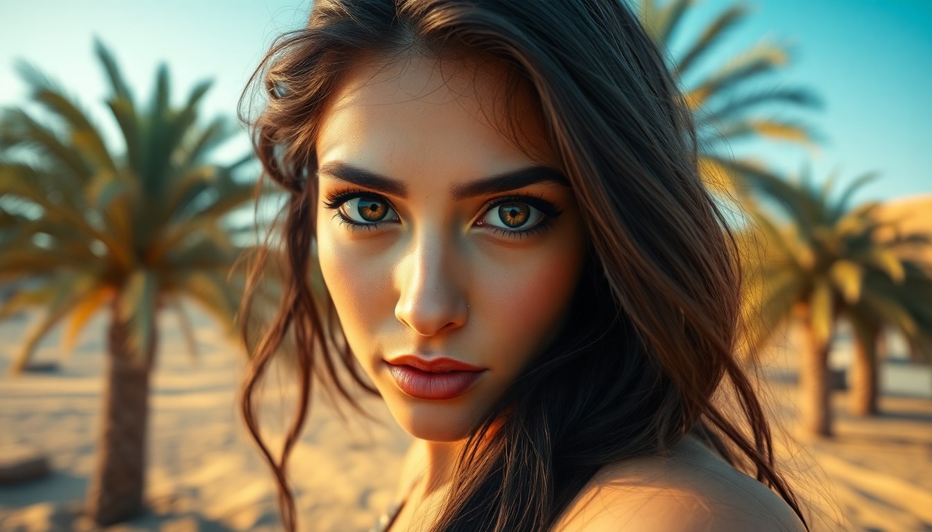 AI generated art for prompt: A digital camera captures a captivating Middle Eastern woman with luminous dark eyes and cascading r