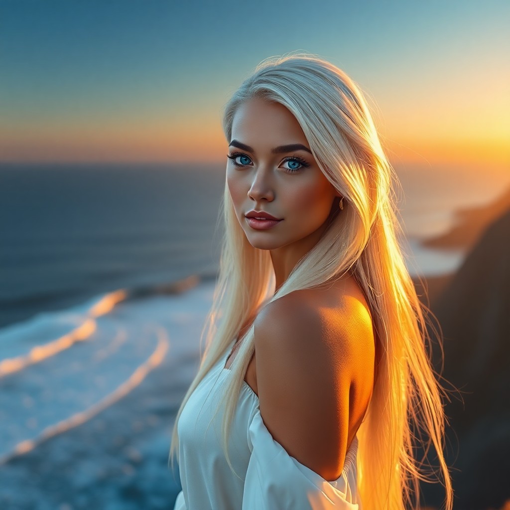 AI generated art for prompt: A photorealistic portrait depicts a captivating Pacific Islander woman with striking blue eyes and l