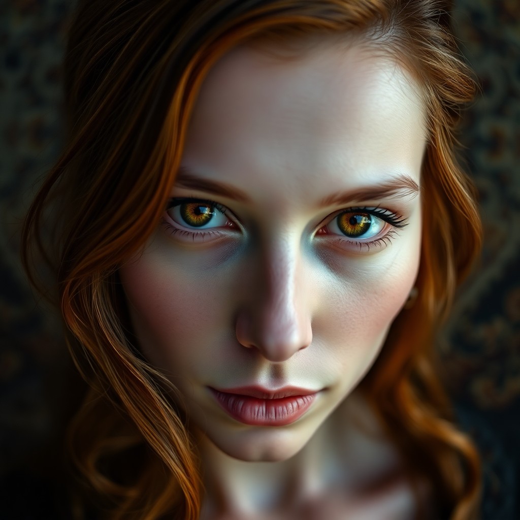 AI generated art for prompt: A photorealistic portrait photograph captures an enigmatic Eastern European woman with striking ambe