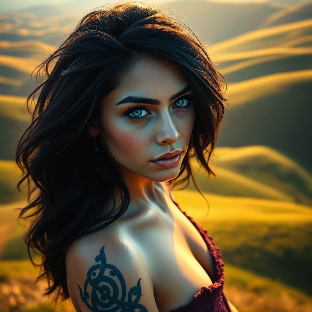 AI generated art for prompt: A captivating portrait photograph reveals an enigmatic Hispanic woman with piercing blue eyes and ca