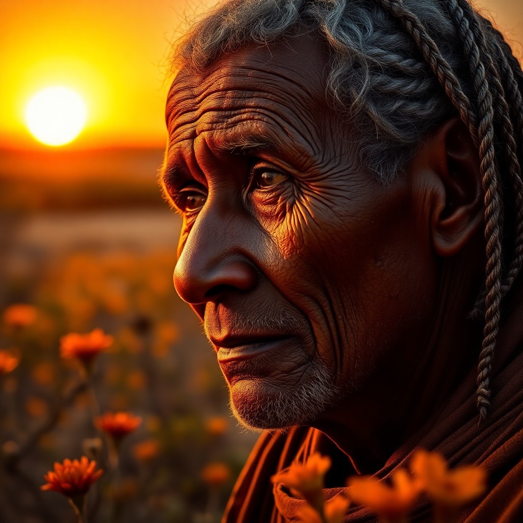 AI generated art for prompt: A portrait photograph captures a wise African elder with weathered skin and warm eyes gazing contemp