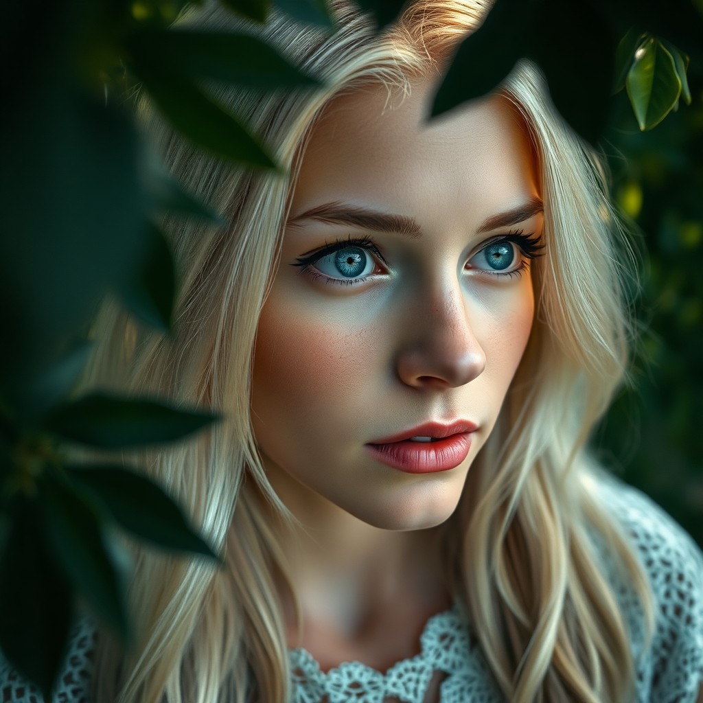 AI generated art for prompt: Hyperrealistically portray a Nordic woman's enigmatic presence, her piercing blue eyes and silky blo