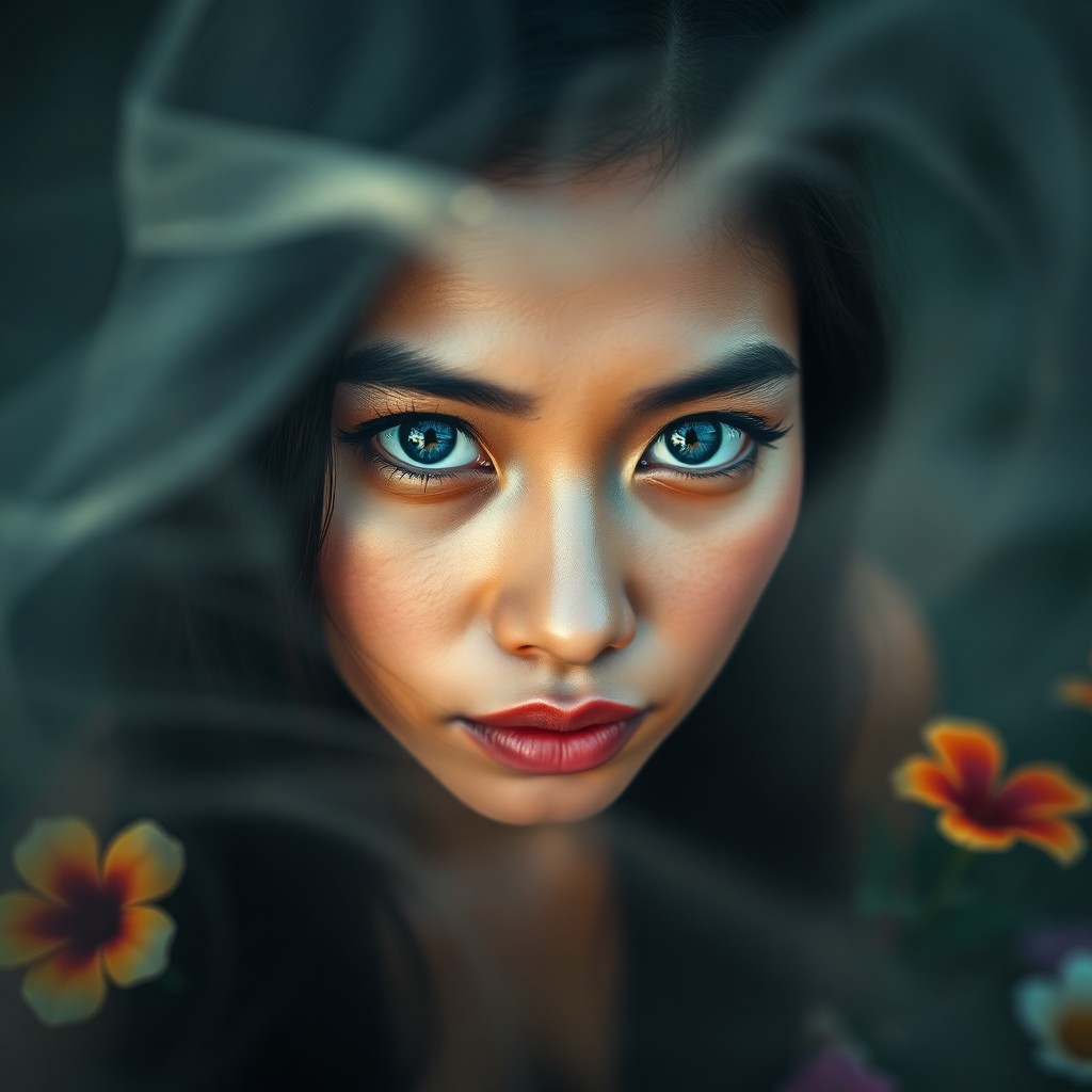 AI generated art for prompt: An enigmatic Pacific Islander woman with piercing azure eyes and raven-black hair is captured in a p