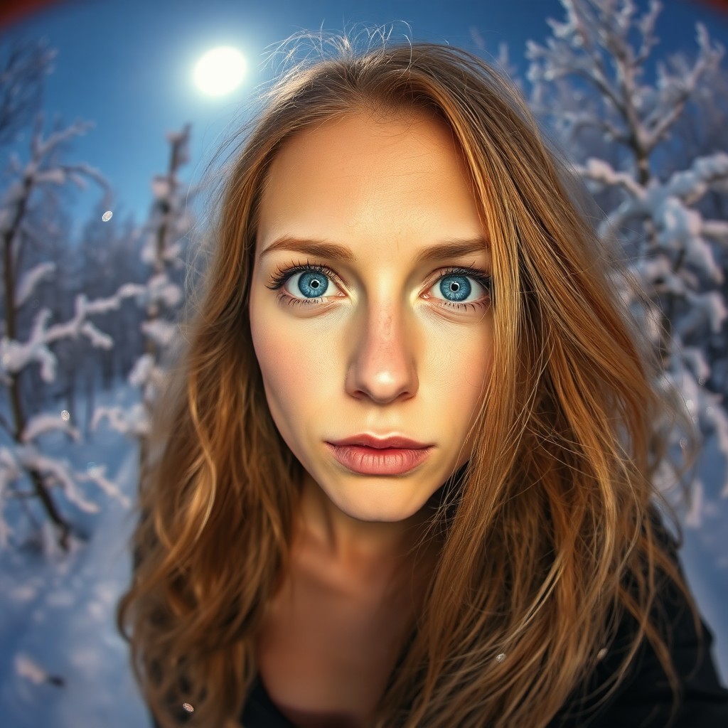 AI generated art for prompt: A smartphone camera captures an enigmatic Slavic woman with piercing blue eyes and cascading golden 