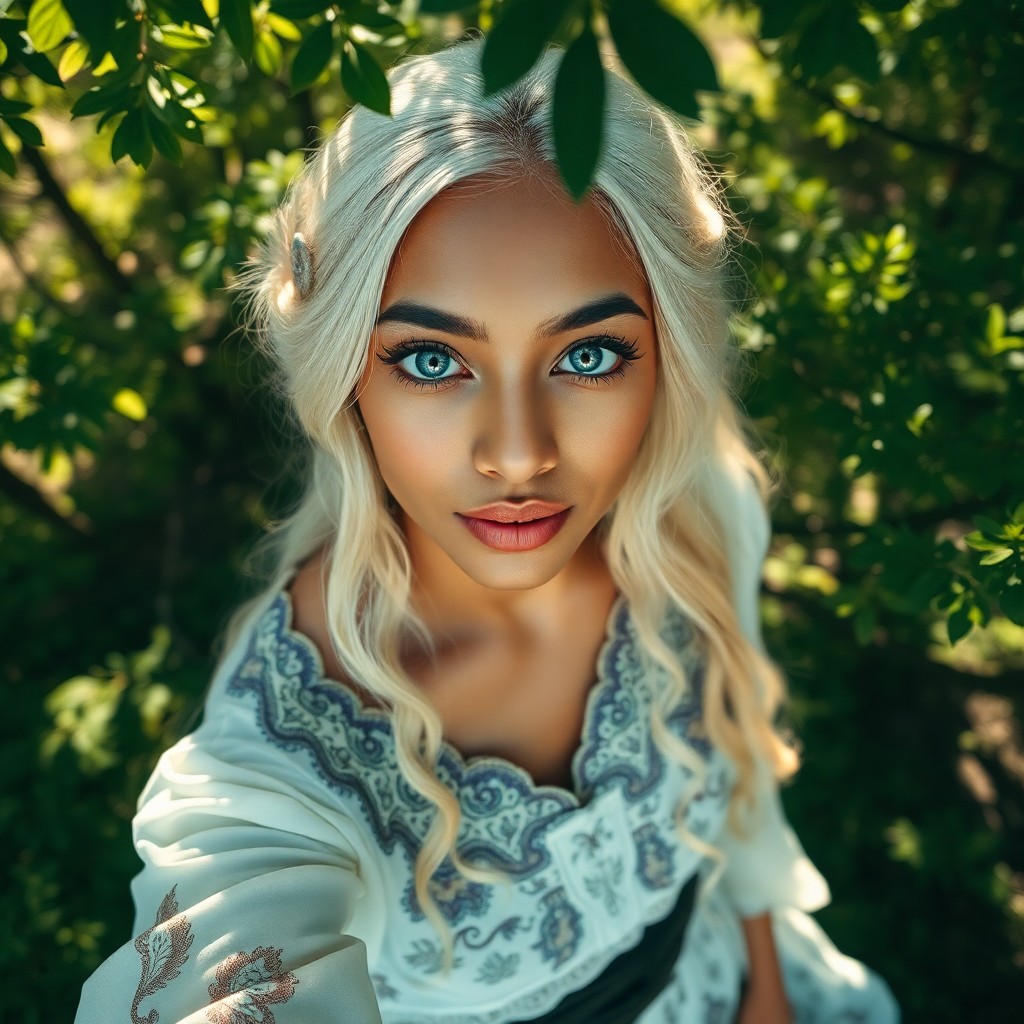 AI generated art for prompt: Photograph a South Asian woman with striking blue eyes and platinum blonde hair in an ethereal Moomi