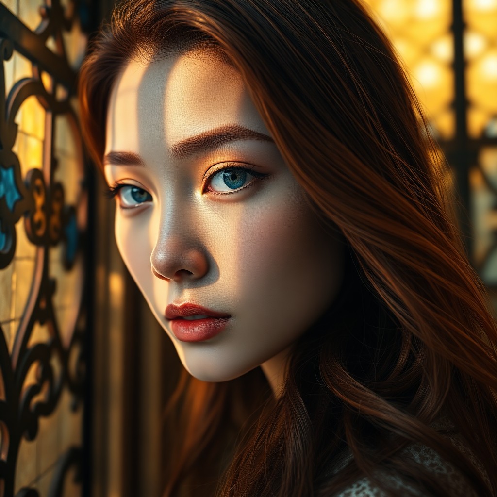 AI generated art for prompt: Envision a photorealistic portrait of an East Asian woman with captivating blue eyes and flawless po