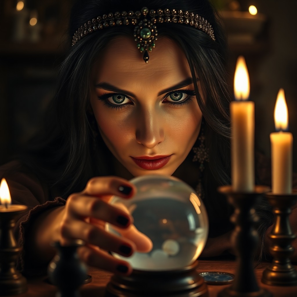 AI generated art for prompt: The enigmatic allure of an Eastern European fortune teller is captured in a portrait photo, her mesm