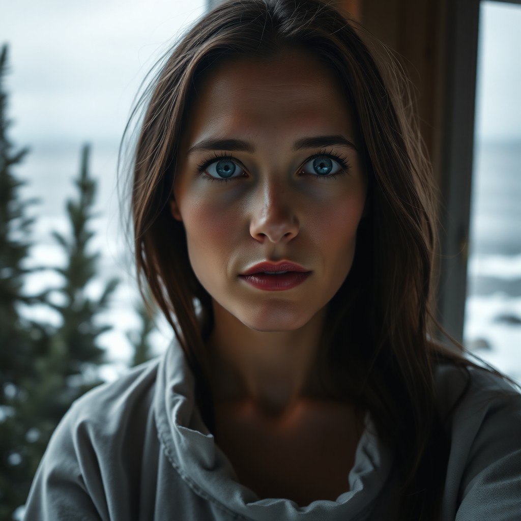 AI generated art for prompt: A photorealistic portrait depicts a pensive Slavic woman with piercing blue eyes and a serene comple