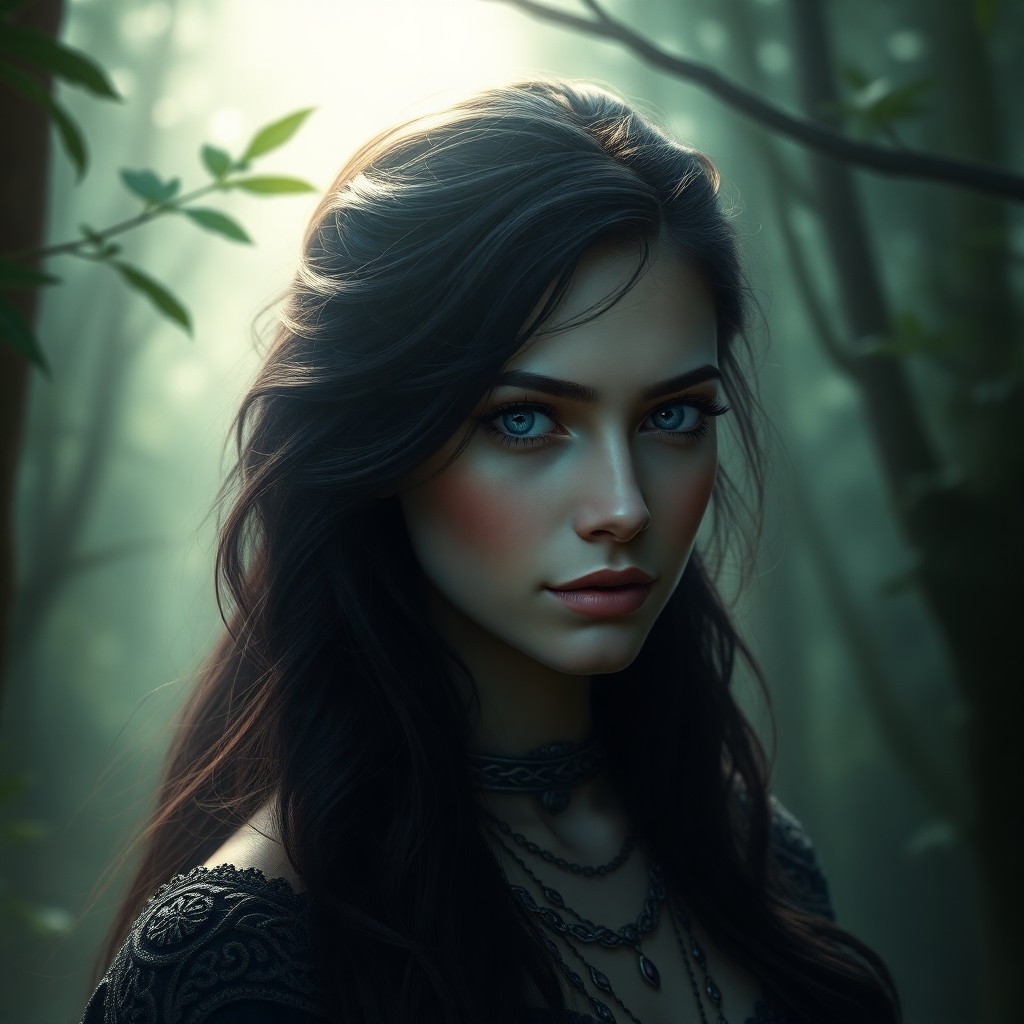 AI generated art for prompt: A super-realistic portrait of an enigmatic European woman with piercing sapphire eyes and raven hair