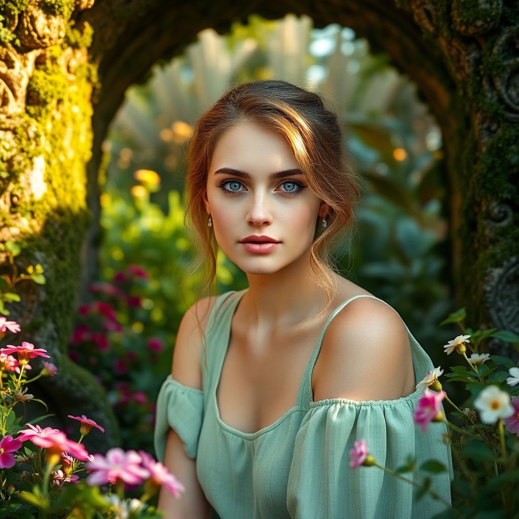 AI generated art for prompt: Picture a serene portrait photograph featuring a European woman with captivating blue eyes and delic