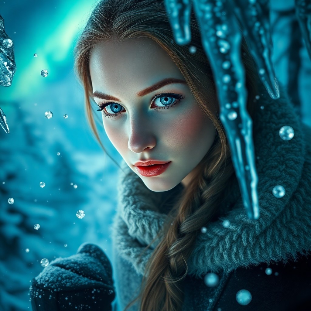 AI generated art for prompt: Envision a photorealistic portrait of a Slavic woman with captivating ice-blue eyes and an air of in