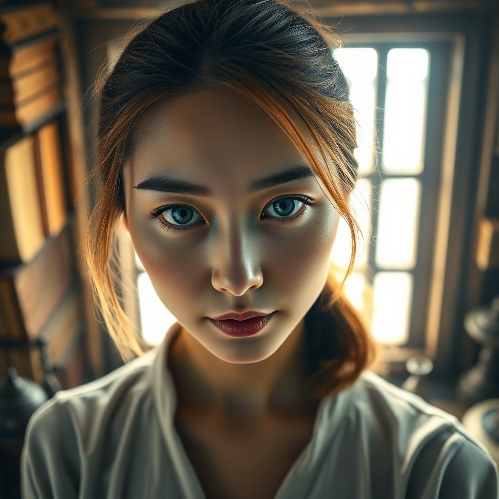 AI generated art for prompt: A portrait photograph depicts an East Asian woman with striking icy blue eyes and golden-brown hair 