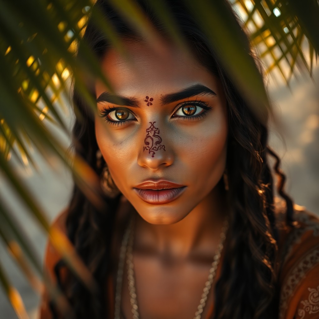 AI generated art for prompt: A photorealistic portrait photograph captures the captivating gaze of a Middle Eastern woman with in