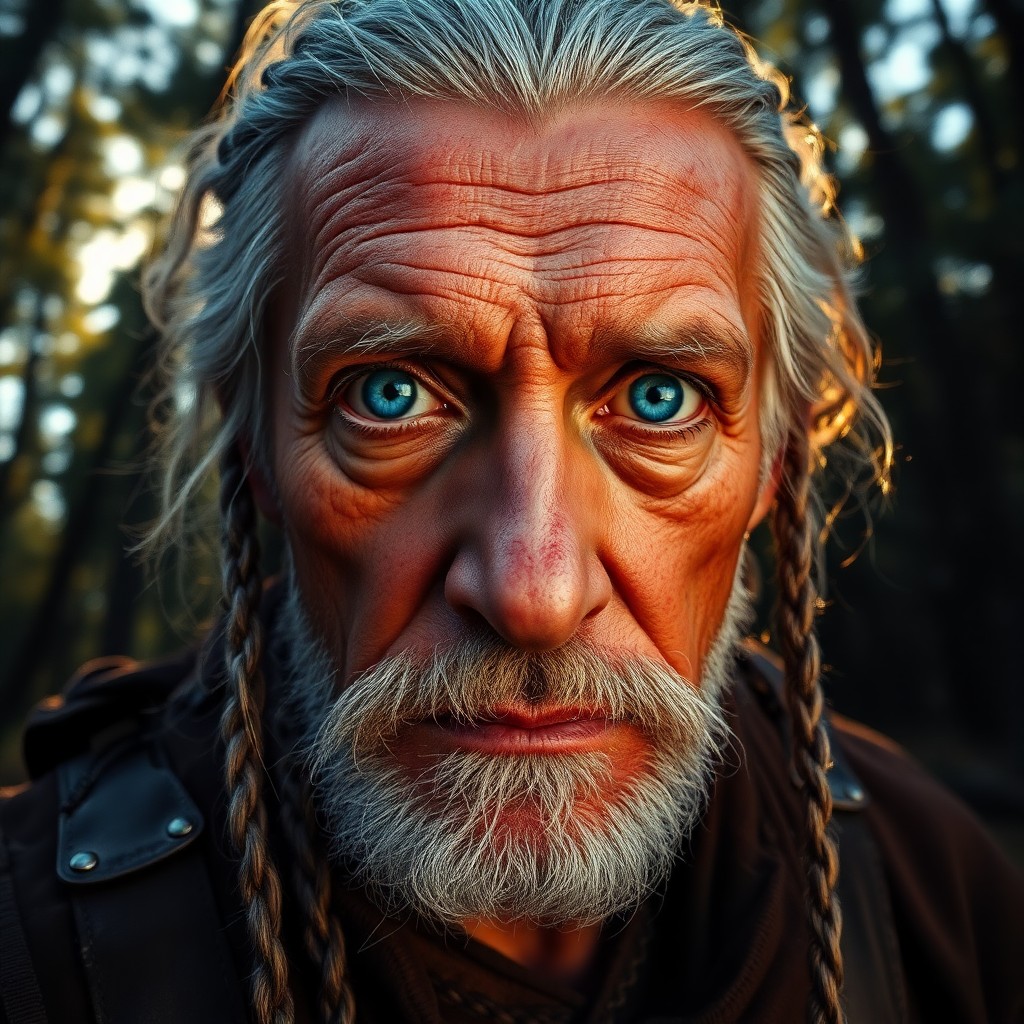 AI generated art for prompt: Craft a portrait of an aged Slavic adventurer with piercing blue eyes and weathered skin, bathed in 