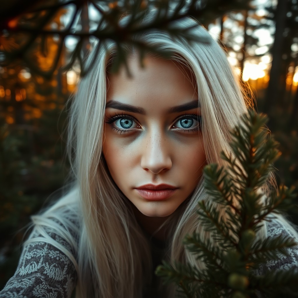 AI generated art for prompt: A portrait photograph captures a South Asian woman with striking ice-blue eyes and long, platinum ha